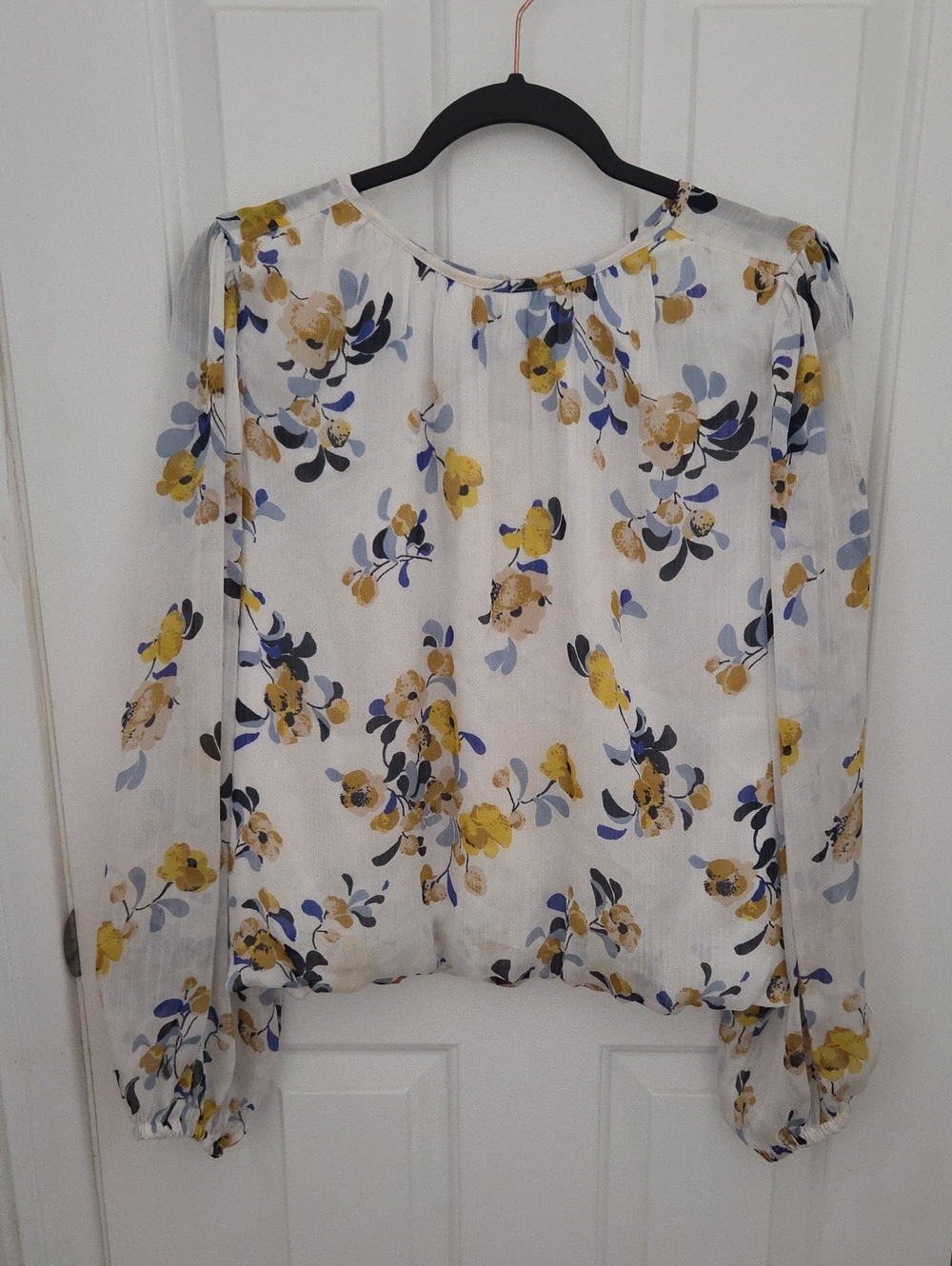 Ann Taylor Floral Long-Sleeve Blouse in White, Yellow & Blue